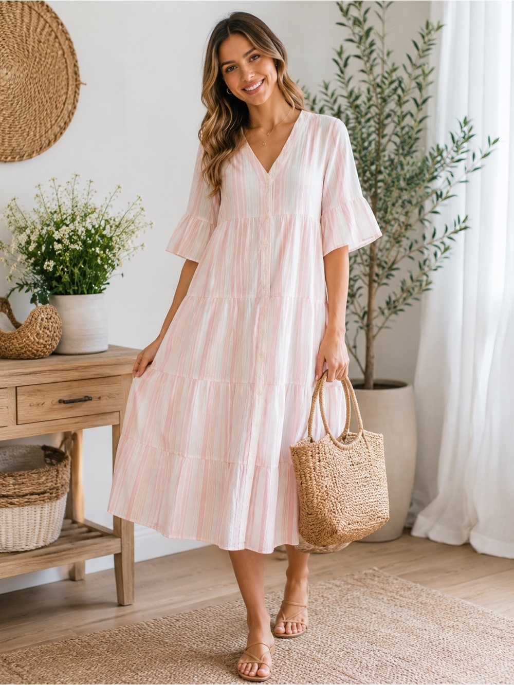 Caslon Pink White Gauze Cotton Tiered Midi Dress Boho Cottagecore Size S
